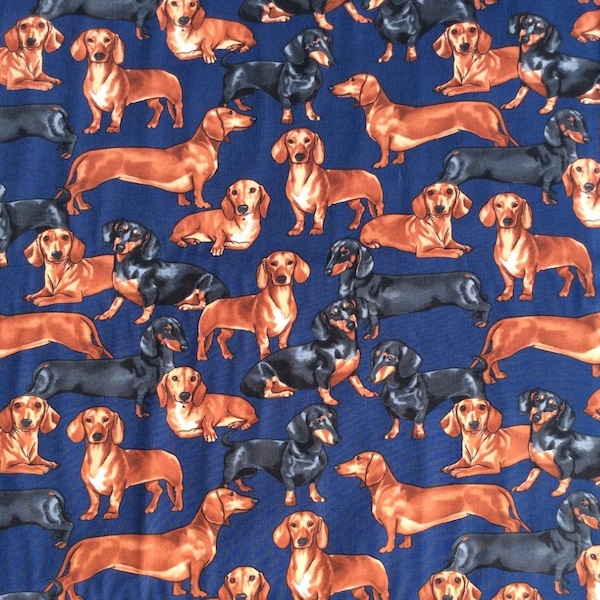 Fat Quarter Dachshunds Dogs Cotton Quilting Fabric Puppy On Navy Blue