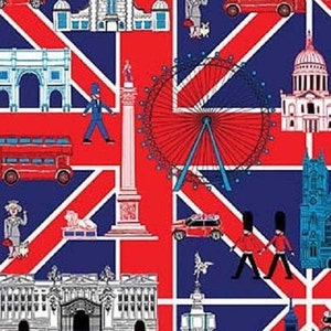 May include: A red, white and blue fabric with a repeating pattern of London landmarks, including Big Ben, the London Eye, Buckingham Palace, and a double-decker bus. The fabric is ideal for crafting projects, quilting, and home decor.