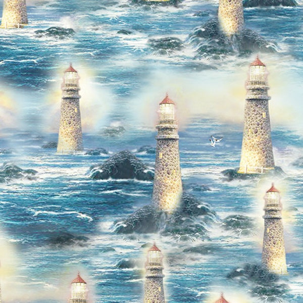 Fat Quarter The Light of Peace Lighthouses 100% Cotton Quilting Fabric-T Kinkade