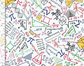 Fat Quarter Math Equations And Problems On White 100% cotton Fabric