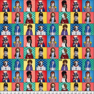 May include: A colourful fabric with a repeating pattern of dogs dressed in various costumes. The dogs are wearing outfits inspired by famous musicians, including a red, white and blue outfit, a blue and white striped outfit, and a purple and black outfit. The fabric also features the text "Pets Rock" in a white font.