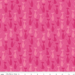 May include: Pink fabric with a repeating pattern of pink and white cat silhouettes. The cats are facing different directions and have different poses.