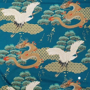 Fat Quarter Daigo Japanese Dragon & Crane Fabric Teal 100%Cotton Quilting Fabric