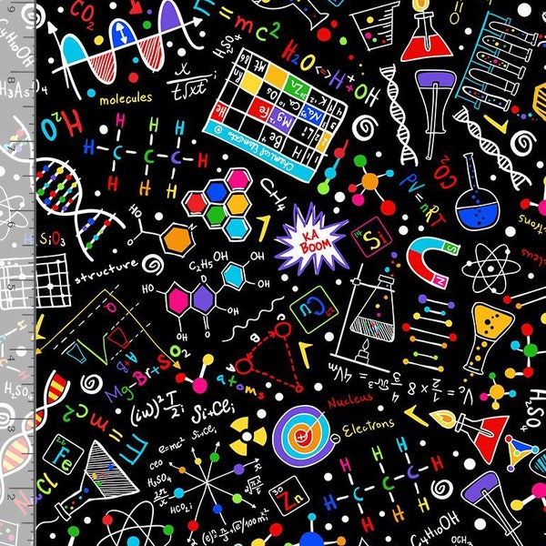 Fat Quarter Colorful Science Experiments On Black 100% Cotton Quilting Fabric