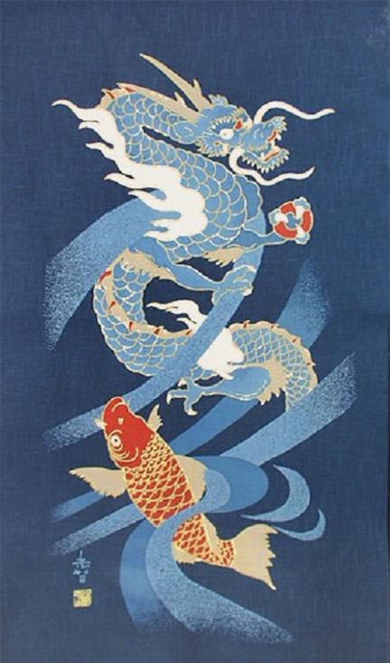 50cm x 114cm Noren Japanese Dragon And Koy Carp Fish Cotton Quilting Panel