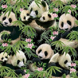 May include: A black and white panda bear pattern with green bamboo leaves and pink flowers. The pandas are in various poses, some are sitting, some are lying down, and some are looking at the viewer. The pattern is on a black background.