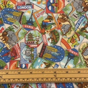 Fat Quarter Around The World Travel Labels 100% Cotton Quilting Sewing Fabric