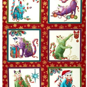 Cat-I-Tude Metallic Christmas Cats On Red Panels 100% Cotton Print Fabric