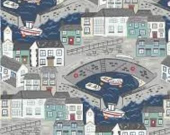 Fat Quarter Harbour Side Town Dark Blue 100% Cotton Quilting Fabric
