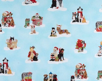 Fat Quarter Holly Jolly Christmas Cats And Dogs Blue 100% Cotton Quilting Fabric