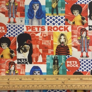 May include: A colourful fabric with a repeating pattern of cats and dogs dressed in rock star outfits. The fabric features the words "Pets Rock" in a red circle with white stars. The fabric is ideal for crafting projects, quilting, and sewing.