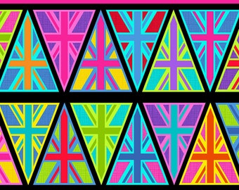 May include: A black background with 12 colourful triangular pennants. Each pennant features a stylised Union Jack flag with a different colour scheme. The pennants are arranged in three rows of four.