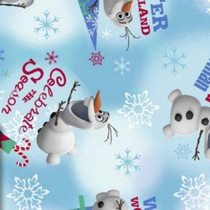 May include: A blue and white fabric with a repeating pattern of Olaf from Frozen. The pattern includes snowflakes, candy canes, and the text "Get  the  Season  Started".