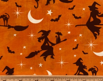 Fat Quarter Spooky Halloween Bewitched Night On Orange 100% Cotton Quilting Fabric