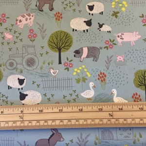 Fat Quarter Farmyard Piggy Tales On Duck Egg Blue 100% Cotton Quilting Fabric