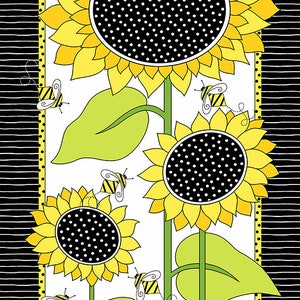 May include: A white background with a black and yellow striped border. A green stem with yellow sunflowers and black and white polka dot centres. Yellow bees with black stripes are flying around the sunflowers.