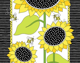 Pollinator Sunflower And Bees 100% Cotton Fabric Panel