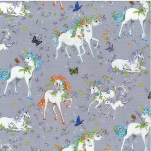 Fat Quarter Pretty Please Grey Fantasy Unicorn Family Cotton Quilting Fabric