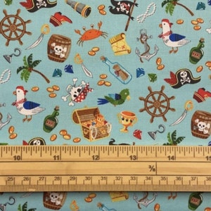 Fat Quarter Pirate Icons Allover Blue Cotton Quilting Fabric
