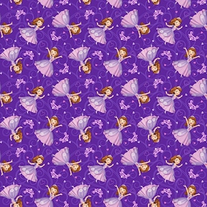 May include: A purple background with a repeating pattern of a cartoon princess in a lavender dress and a crown. The princess is smiling and has her arms outstretched. The background is decorated with swirls and hearts.