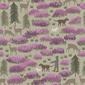 May include: A repeating pattern depicting a countryside scene with deer, dogs, and trees. A person is walking dogs. The design uses a palette of muted greens, browns, and purple flowering bushes, creating a tranquil aesthetic.