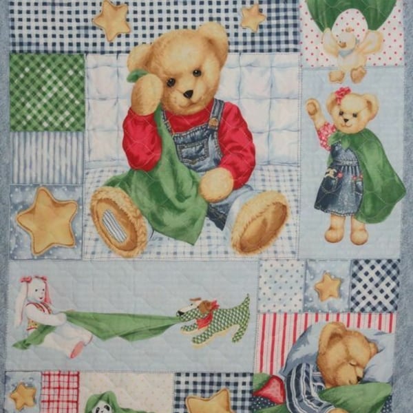 Blue Jean Blankie Bear Pre Quilted Sewing Quilting Cot Panel Cotton Fabric