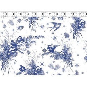 May include: A white fabric with a blue and white winter-themed pattern. The pattern features birds, pine branches, snowflakes, and pine cones.