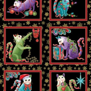 Cat-I-Tude Metallic Chrsitmas Cats On Black Panels 100% Cotton Print Fabric