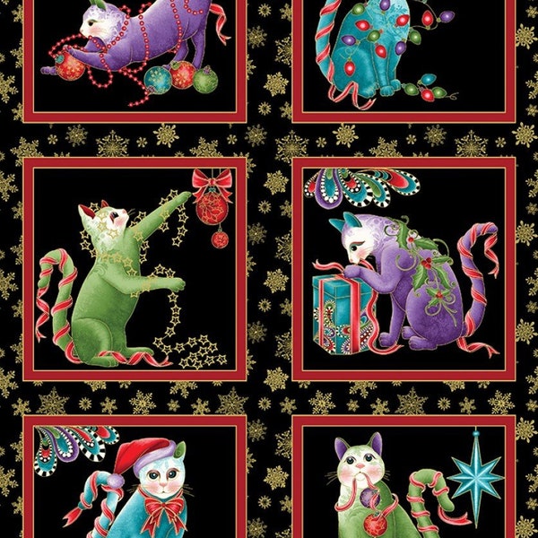 Chats de Noël métalliques Cat-I-Tude sur panneaux noirs, tissu imprimé 100 % coton