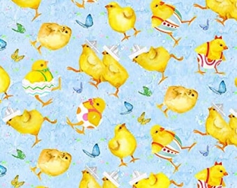 Fat Quarter Easter Parade Chicks In Costumes On Blue 100% Cotton Quilting Fabric