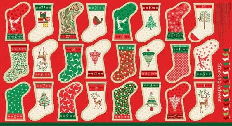 Traditional Christmas Stockings Bunting Advent Calendar Quilting Panel Fabric