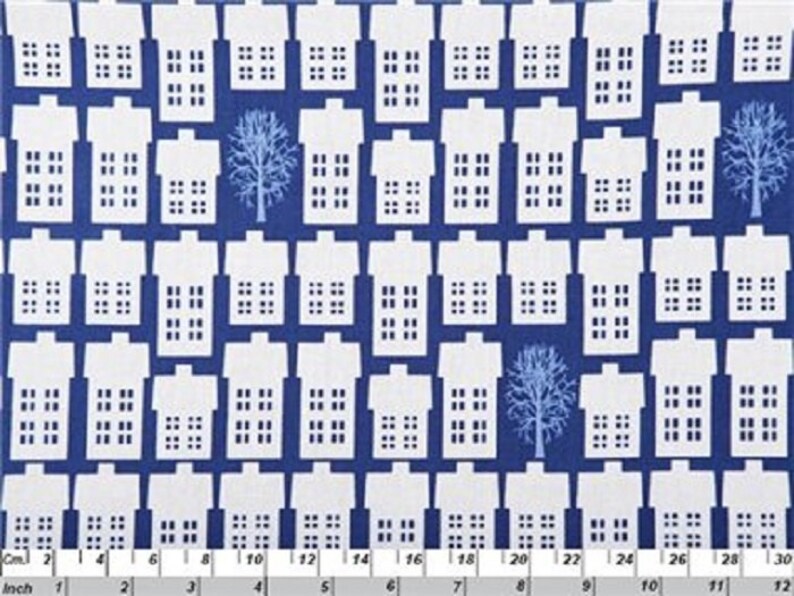 Fat Quarter Village and Trees Blue Cotton Sewing Quilting Fabric
