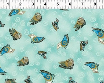 Fat Quarter Embracing Horses Birds Aqua Cotton Quilting Fabric - Laurel Burch