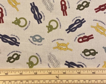 May include: A beige fabric with a repeating pattern of different types of knots. Each knot is labeled with its name, such as "Square Knot", "Lariat Loop", and "Figure Eight Knot".