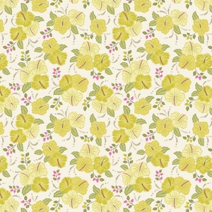 May include: A seamless pattern featuring yellow hibiscus flowers with green leaves on a cream background. The pattern is perfect for fabric, wallpaper, or other decorative projects.