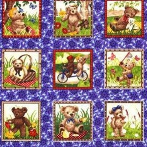 May include: A purple fabric with a repeating pattern of teddy bears in various activities. Each bear is framed in a square with a red, white and green border. The bears are holding balloons, flags, baskets and other items.