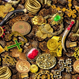 May include: A seamless pattern featuring a variety of gold and jewel-toned objects, including coins, crosses, rings, bracelets, and daggers. The background is a dark brown color.