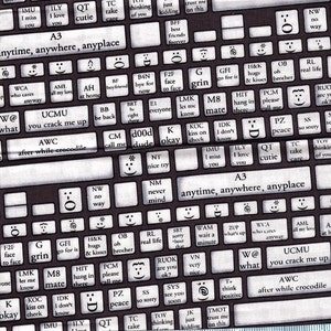 Fat Quarter Back Talk Keyboard 100% Cotton Quilting Fabric Txt Spk Emoticons Blk