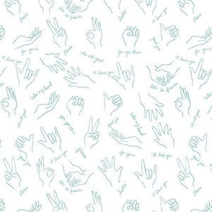 Fat Quarter Helping Hands Sign Language Green On White 100% Cotton Fabric