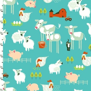 Fat Quarter Farm Friends Blue Pigs Sheep Chickens Cows Cotton Quilting Fabric