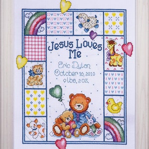Tobin Baby Birth Sampler Jesus Loves Me Counted Cross Stitch Kit