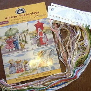 May include: A DMC cross stitch kit titled "All Our Yesterdays" with a colourful image of children and a red post box. The kit includes 21 individual designs and a full alphabet.