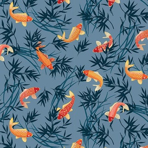 Fat Quarter Michiko Japanese Koi Fish On Blue 100% Cotton Quilting Fabric