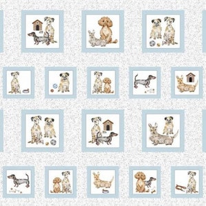 Pooch Portraits Puppy Dog Blocks Cotton Quilting Fabric 68cm x 110cm - 24 Blocks
