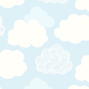 May include: A seamless pattern of white clouds on a light blue background. The clouds are in various shapes and sizes, including some with a textured, wavy design.