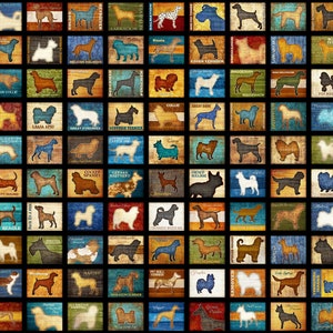 May include: A colorful illustration of various dog breeds, each depicted in a stylized silhouette against a wood-grain background. The names of each breed are listed below the image.