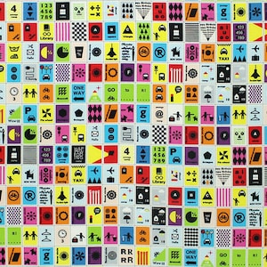 May include: A colorful fabric with a grid of small squares, each containing a different symbol or icon. The symbols include numbers, letters, arrows, geometric shapes, and other abstract designs. The fabric is a white background with a variety of bright colors, including red, blue, green, yellow, orange, and purple.
