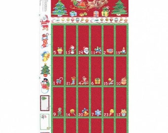 May include: Red and green Christmas advent calendar with 24 numbered doors. Each door has a different festive illustration, including Santa, reindeer, presents, and a Christmas tree. The calendar is decorated with a green border and a star at the top.