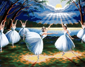 May include: A painting of six ballerinas in white tutus dancing in a forest clearing. The ballerinas are surrounded by trees and a lake. The sky is blue with white clouds and a bright sun shining through the clouds.