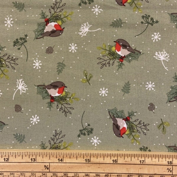 Tissu courtepointe Fat Quarter Christmas Robin sur fond vert 100 % coton